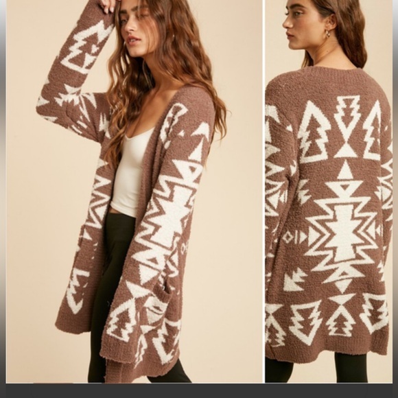 NWT in Loom Brown  & Cream Aztec Southwestern Open Cardigan Pockets M/L - Picture 1 of 10